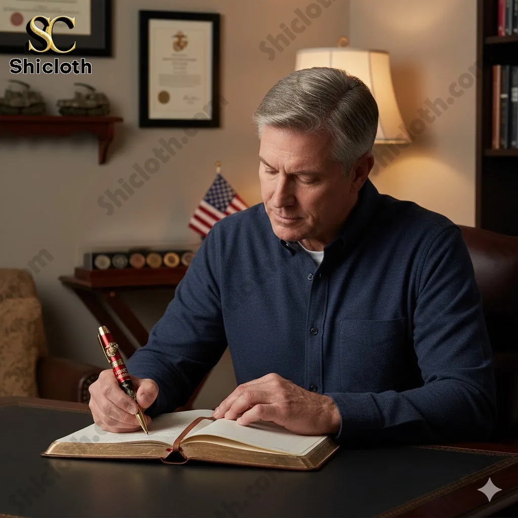 Older man writing in a notebook with a USMC Veteran pen at a desk with American flag in background.