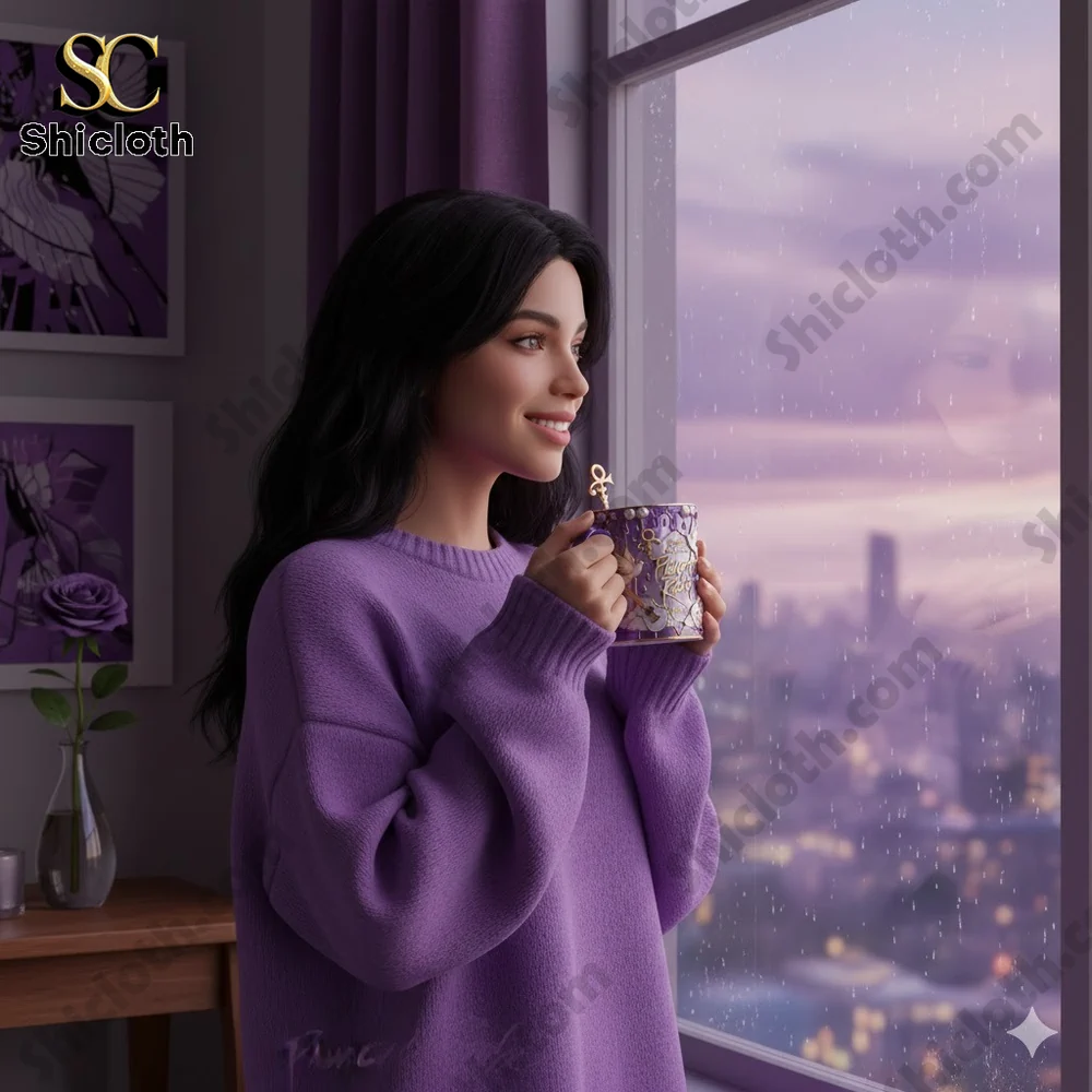 Woman in a purple sweater holding a purple mug by a rainy window!