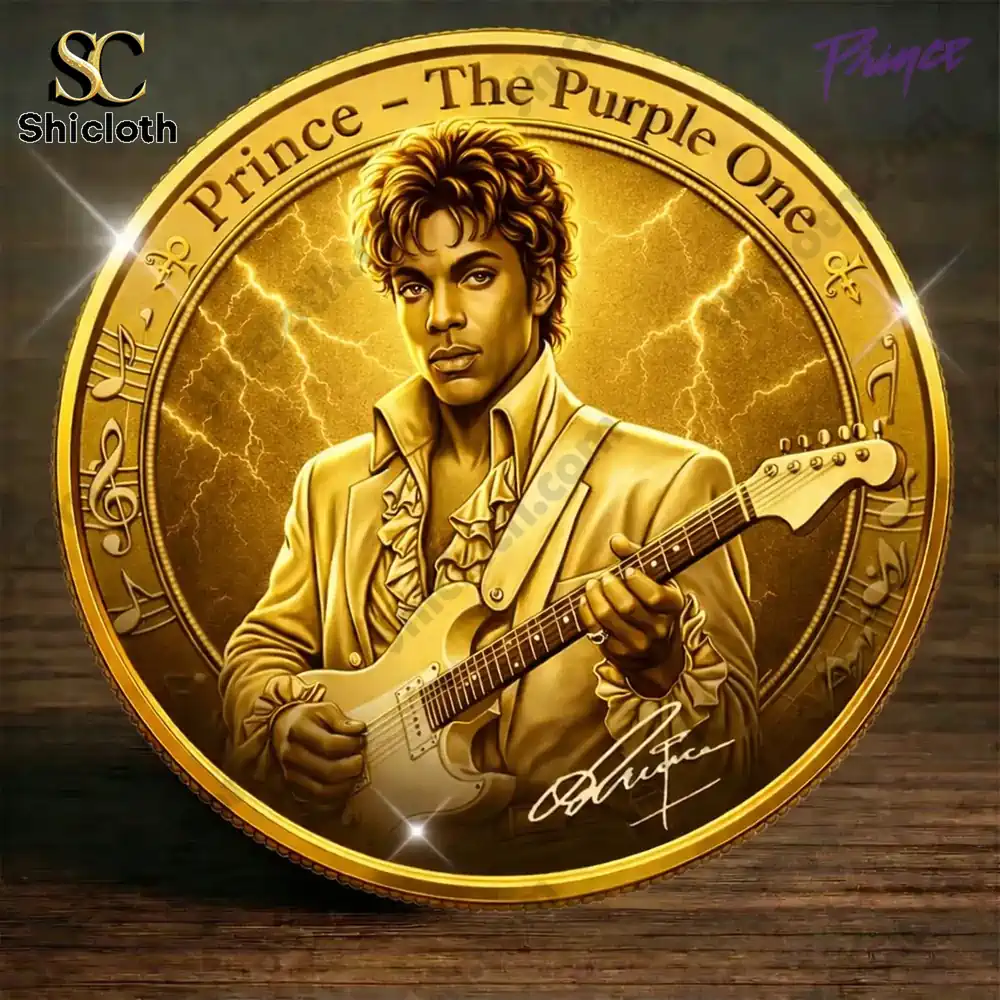Close up of a gold Prince The Purple One commemorative coin with guitar portrait and signature.