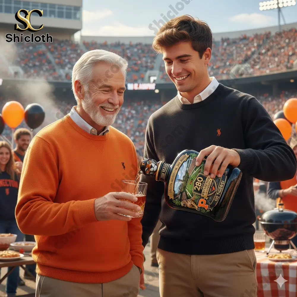 Two men pouring whiskey from a Princeton University 280 Years bottle at a stadium celebration!