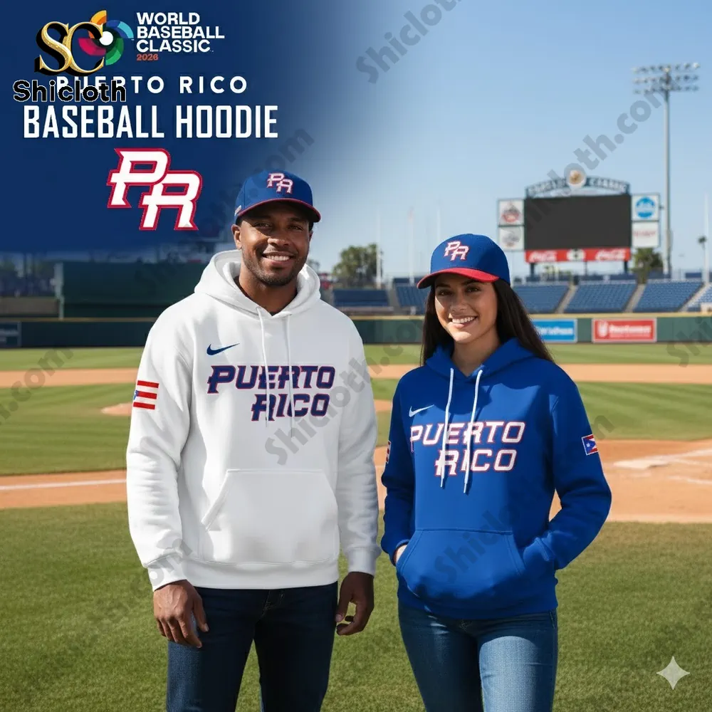 Puerto Rico baseball hoodie and cap worn by two models at a baseball stadium.