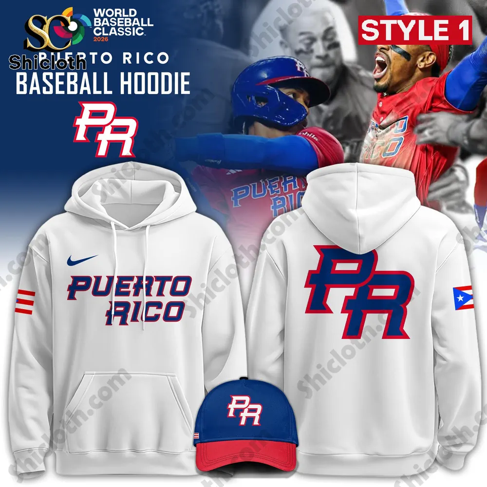 White Puerto Rico baseball hoodie front and back view with PR cap WBC 2026 style.
