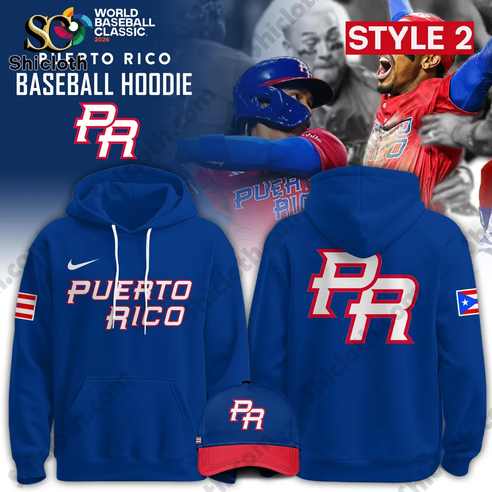 Puerto Rico Baseball 2026 World Baseball Classic Hoodie Limited Edition 3 Blue Puerto Rico baseball hoodie front and back view with PR cap WBC 2026 style.