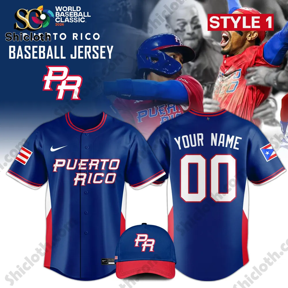 Puerto Rico blue baseball jersey style 1 showing front and back with custom name and number and PR cap.