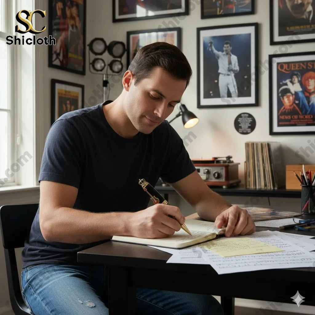 Man writing in notebook at desk with music posters on wall!