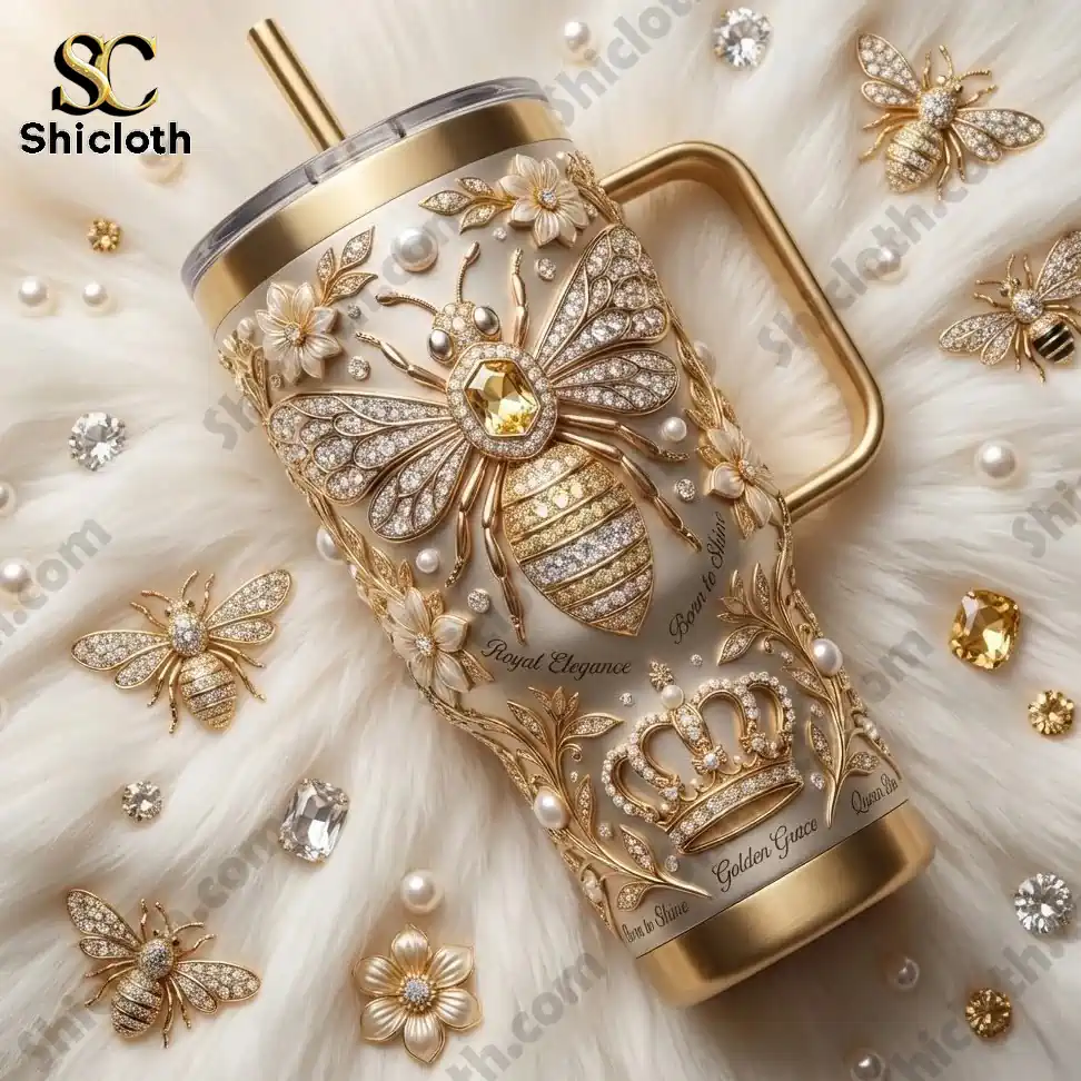 Queen Bee 40oz Tumbler With Handle 4 Queen bee tumbler with handle displayed on a soft white background with pearls and jewels