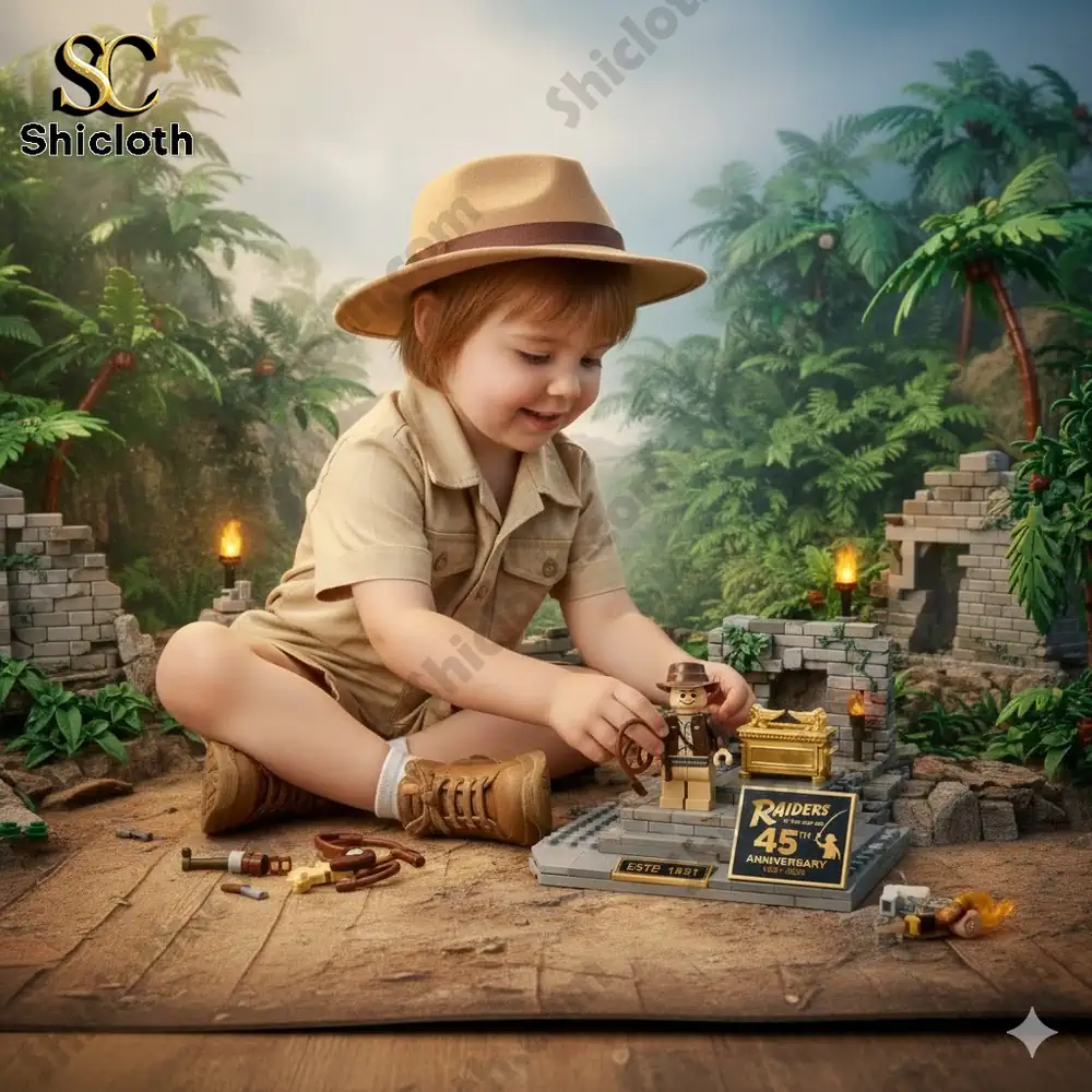 A child playing with a jungle adventure building set featuring a Raiders 45th Anniversary display!