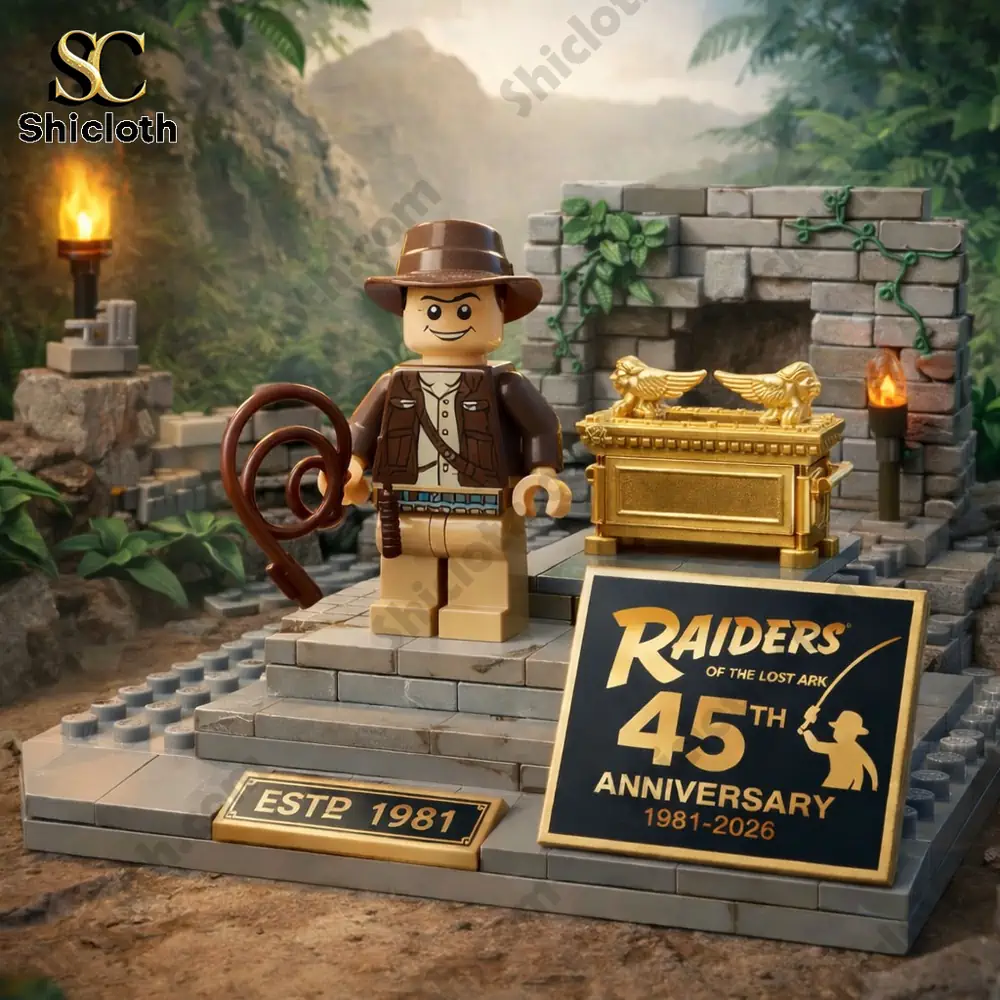 A close up of a jungle explorer figure beside a golden treasure chest and Raiders 45th Anniversary sign!