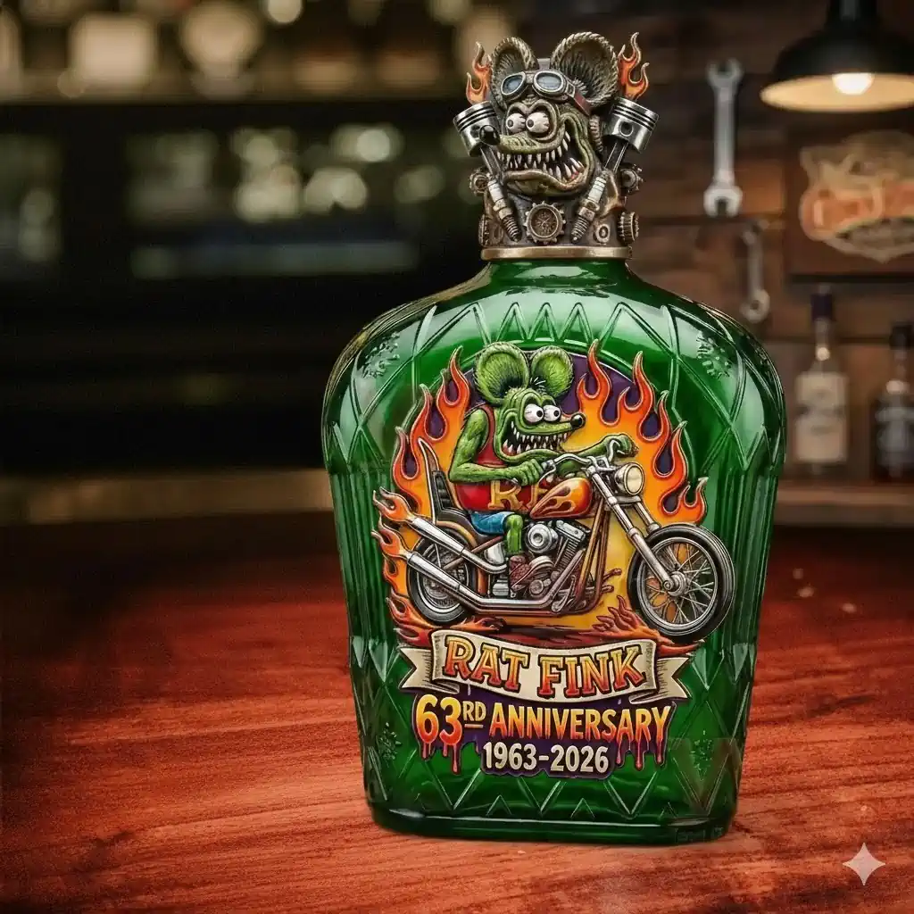 Rat Fink 63rd Anniversary Commemorative Whiskey Bottle And Glass Combo Set 3 Green Rat Fink anniversary bottle displayed on wooden bar!