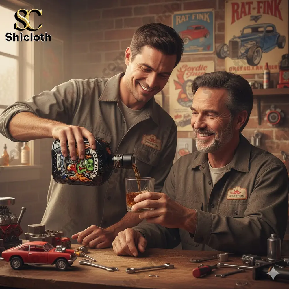 Two mechanics sharing a drink beside a Rat Fink anniversary whiskey decanter in a vintage workshop.
