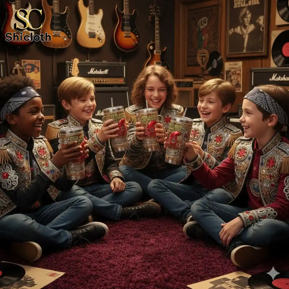 Children wearing rock style outfits raising tumblers together in a music room!