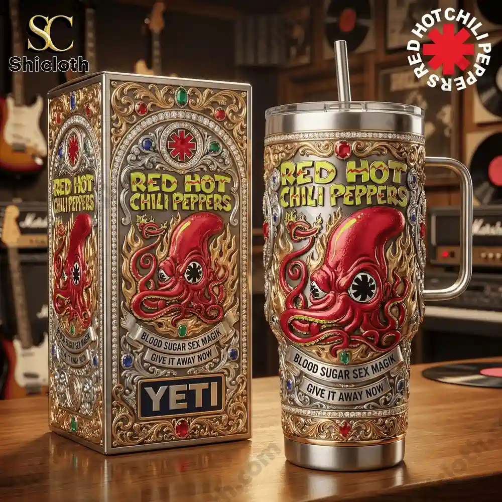 Red Hot Chili Peppers themed insulated tumbler on a wooden table!