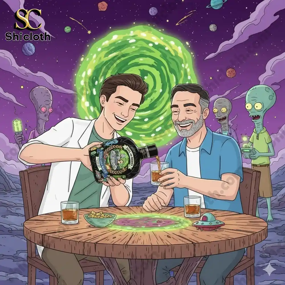 Rick and Morty characters enjoying whiskey at a cosmic table with portal background!