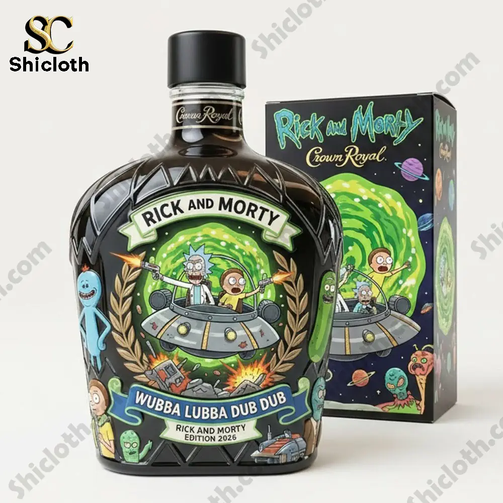 Rick and Morty themed whiskey bottle with decorative box on white background!