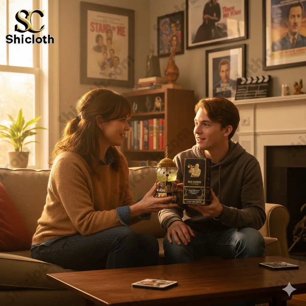 A woman and a young man holding a Rob Reiner commemorative cup from Shicloth in a cozy living room!