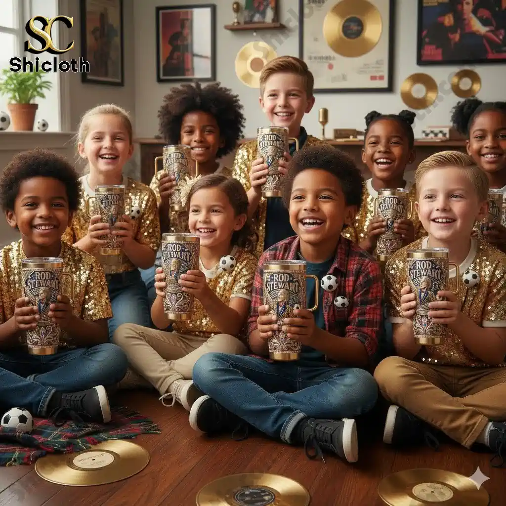 Oregon Ducks 131st Anniversary Tribute Tumbler 49 Kids smiling while holding Rod Stewart themed tumblers in a music room!