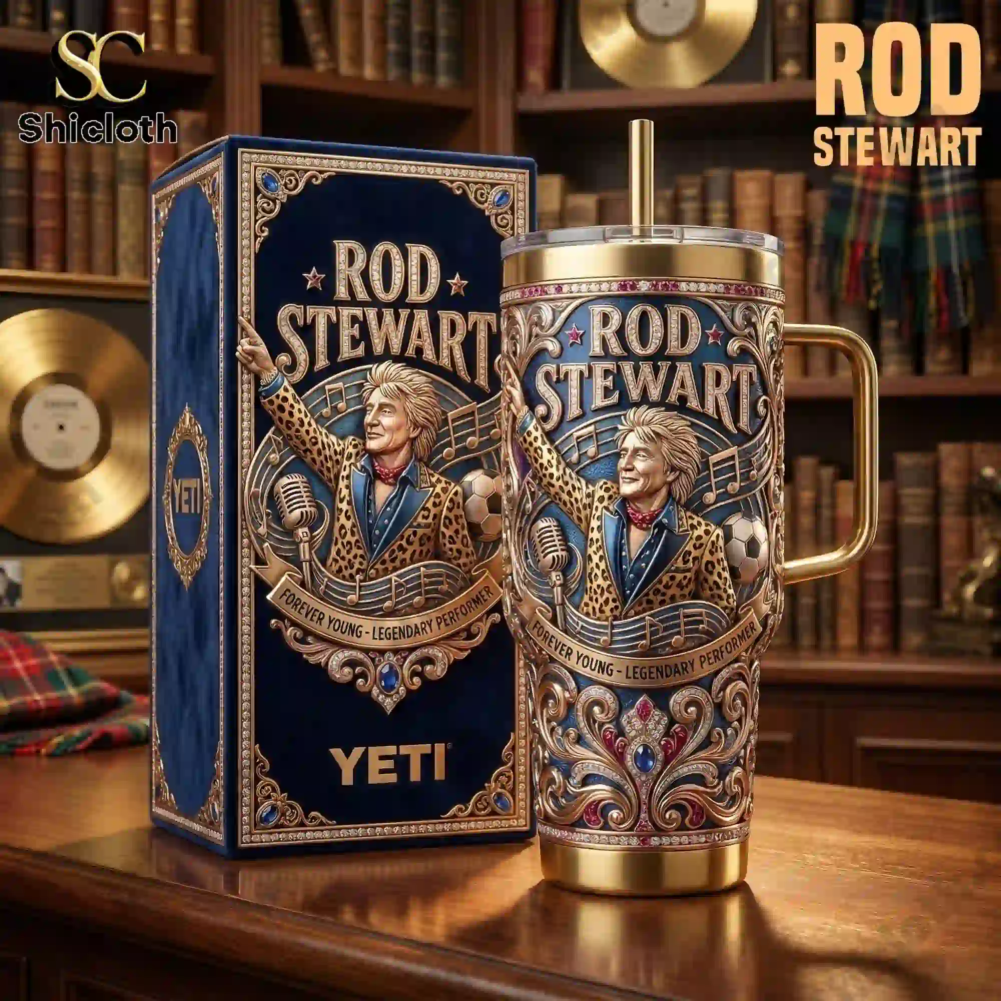 Rod Stewart themed tumbler with matching gift box on a wooden table!