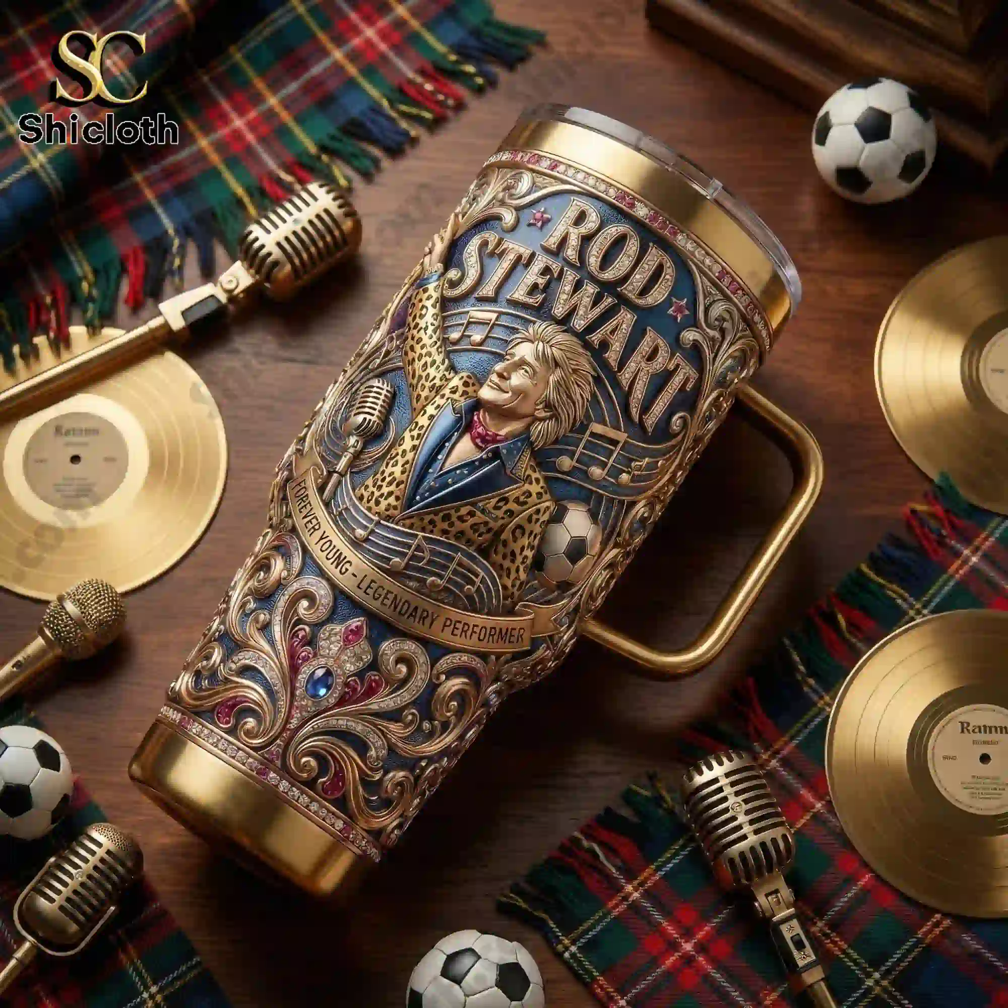 Rod Stewart Forever Young Musical Tribute Edition 40oz Tumbler 3 Rod Stewart themed tumbler lying on a table surrounded by music props!