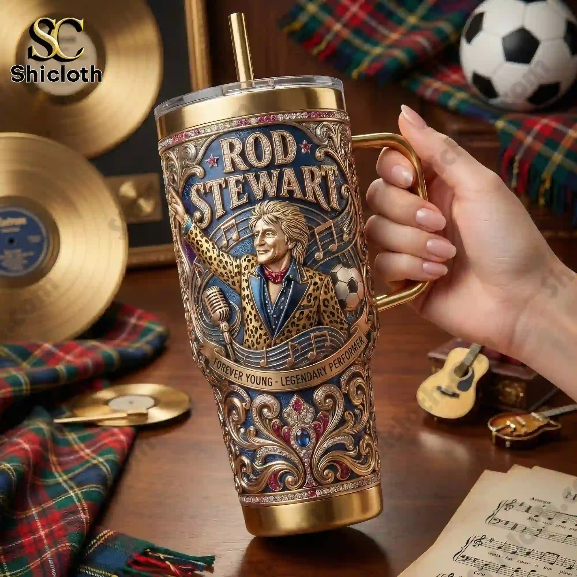 Rod Stewart Forever Young Musical Tribute Edition 40oz Tumbler 4 Hand holding a Rod Stewart themed tumbler in a music themed setting!