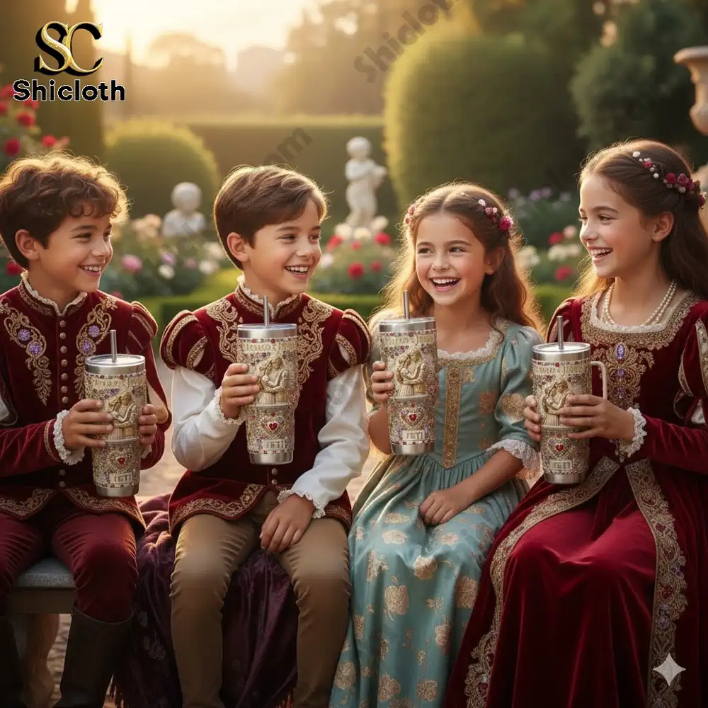 Children in classic outfits holding ornate Romeo and Juliet Yeti tumblers in a garden!