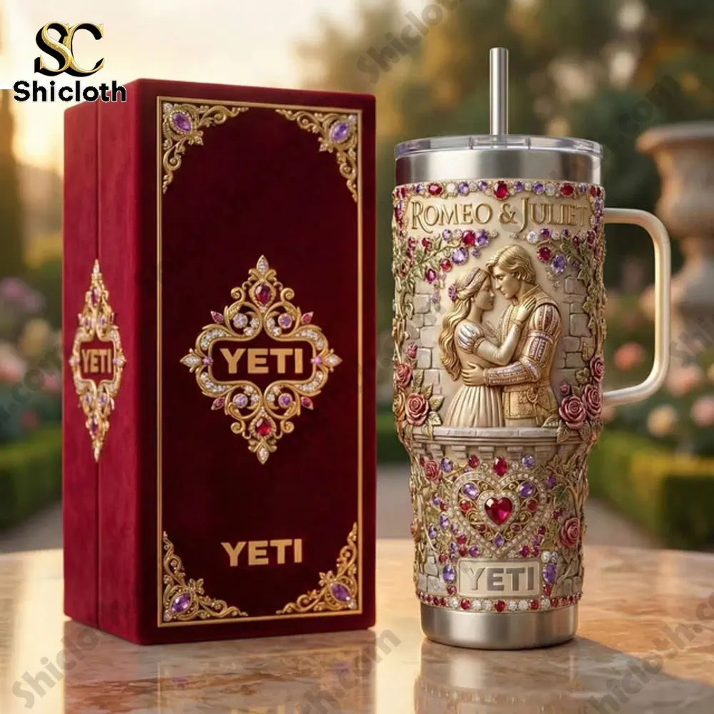 Ornate Romeo and Juliet Yeti tumbler beside a luxury red gift box!