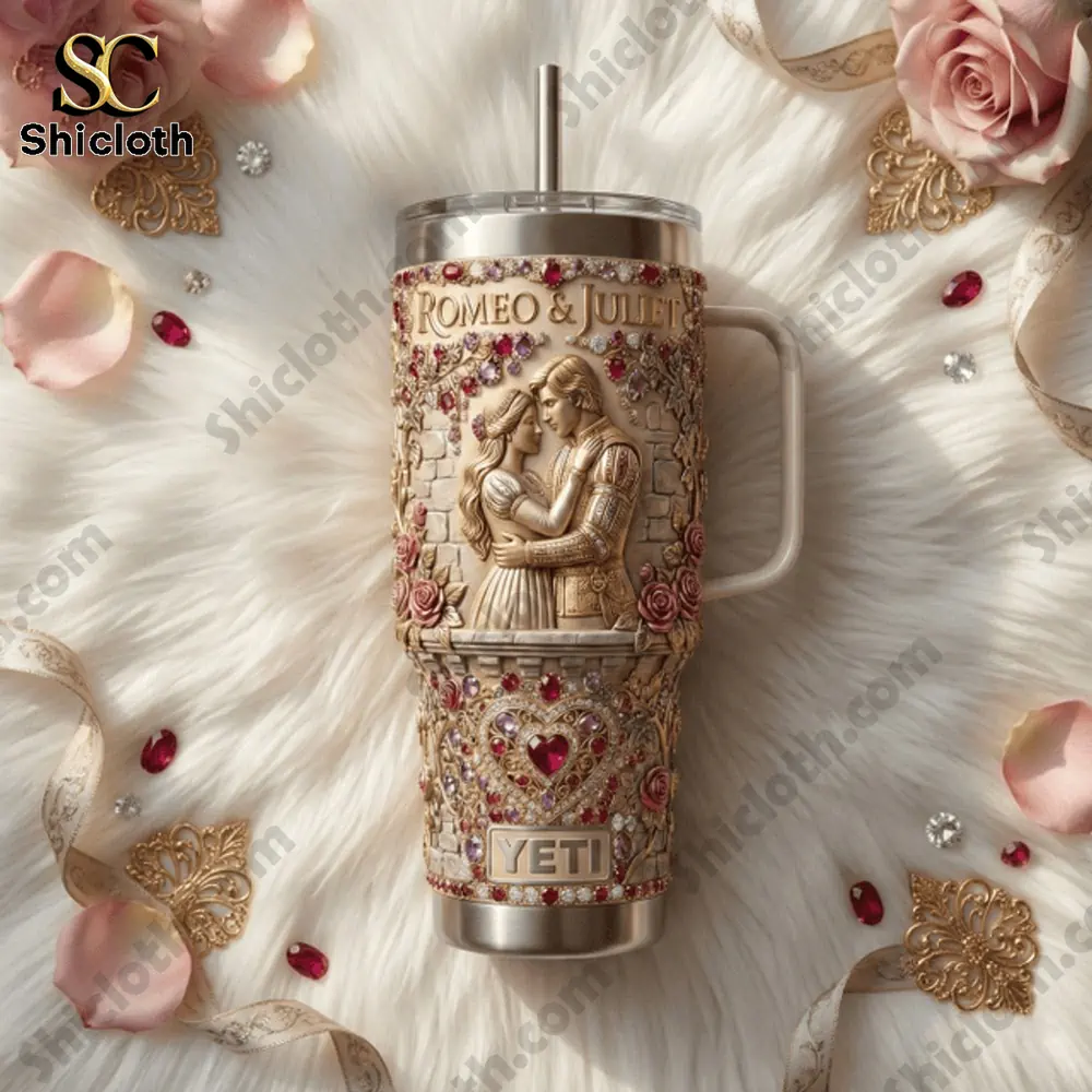 Romeo And Juliet Happy Valentina Happy Valentina Day Tumbler 3 Decorative Romeo and Juliet Yeti tumbler displayed on soft white fabric!
