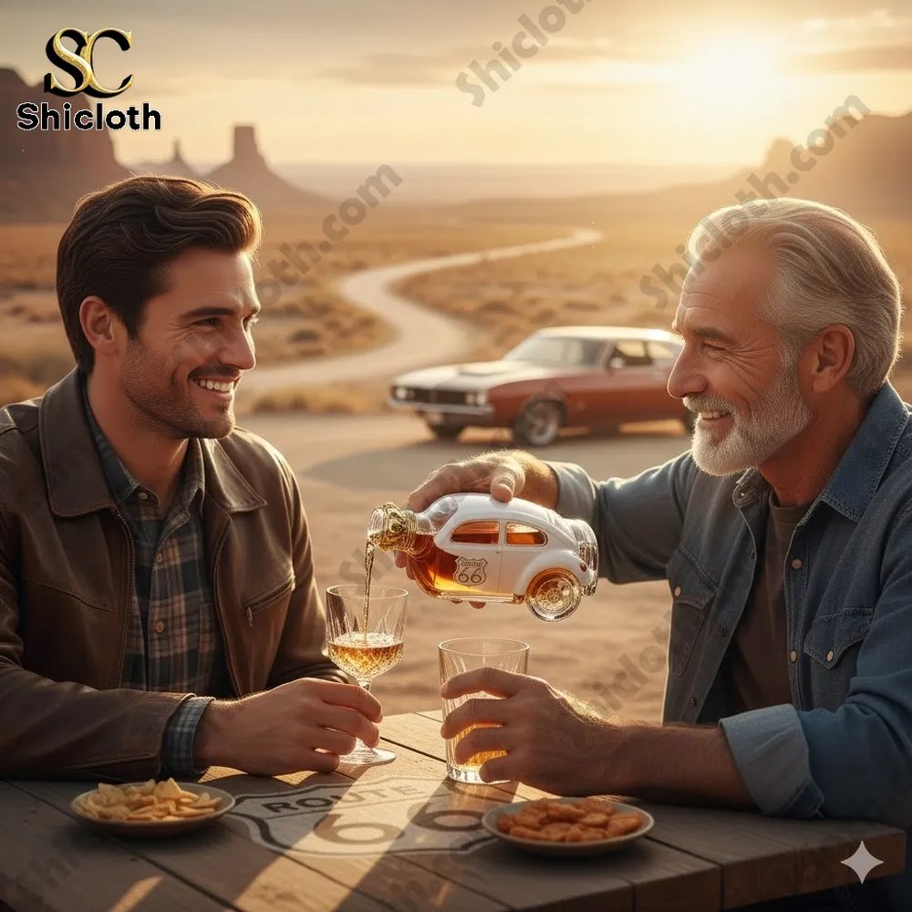 Man pouring whiskey from beetle car shaped bottle outdoors!