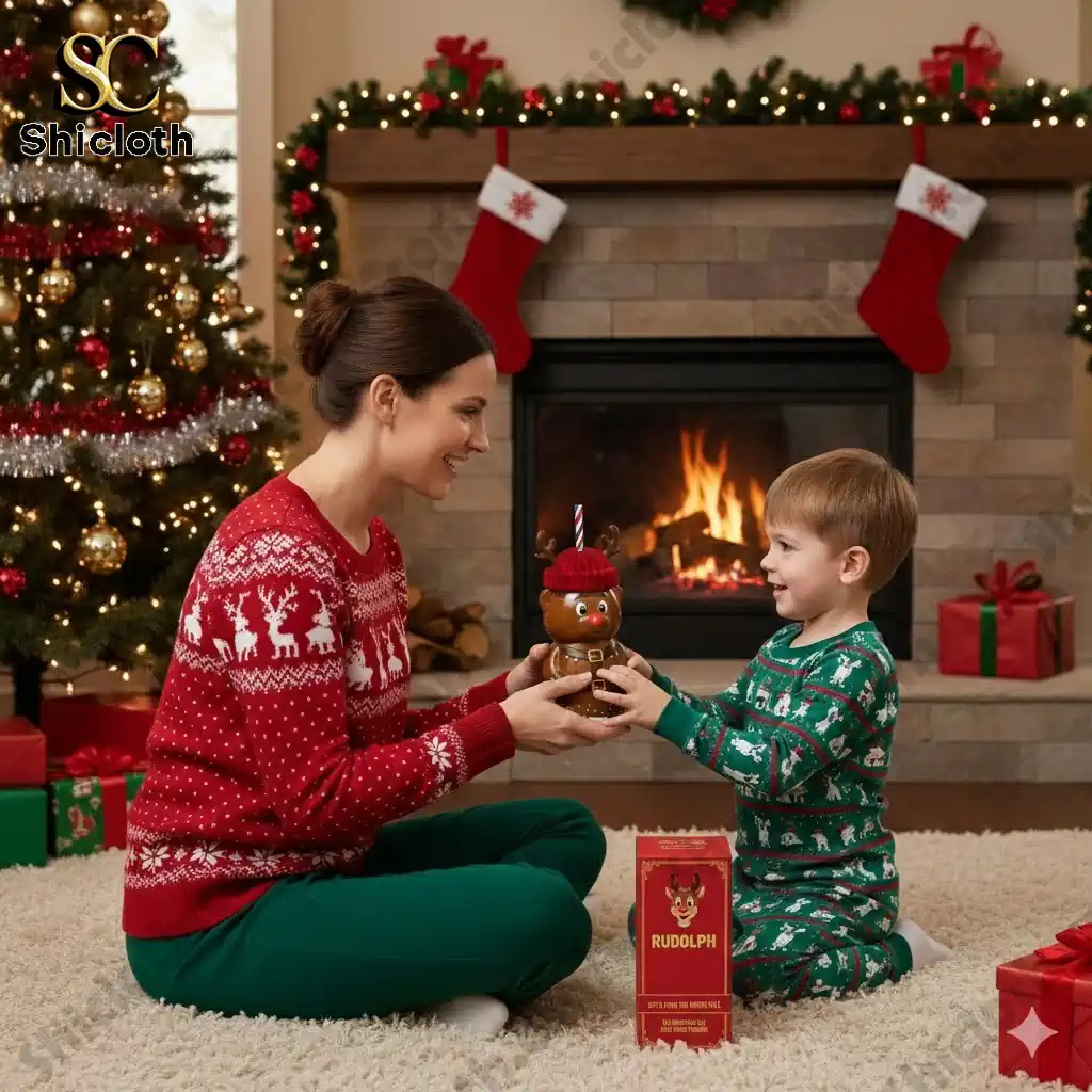 Mother and child holding a Rudolph reindeer drinkware cup in a Christmas living room.
