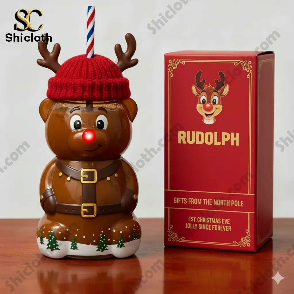 Rudolph reindeer shaped drinkware with red box packaging on a wooden table.