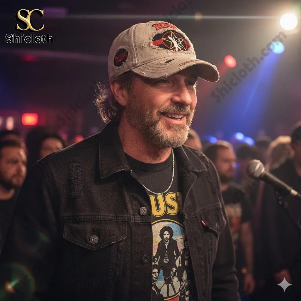 Man wearing Rush vintage distressed embroidered baseball cap at music event stage!