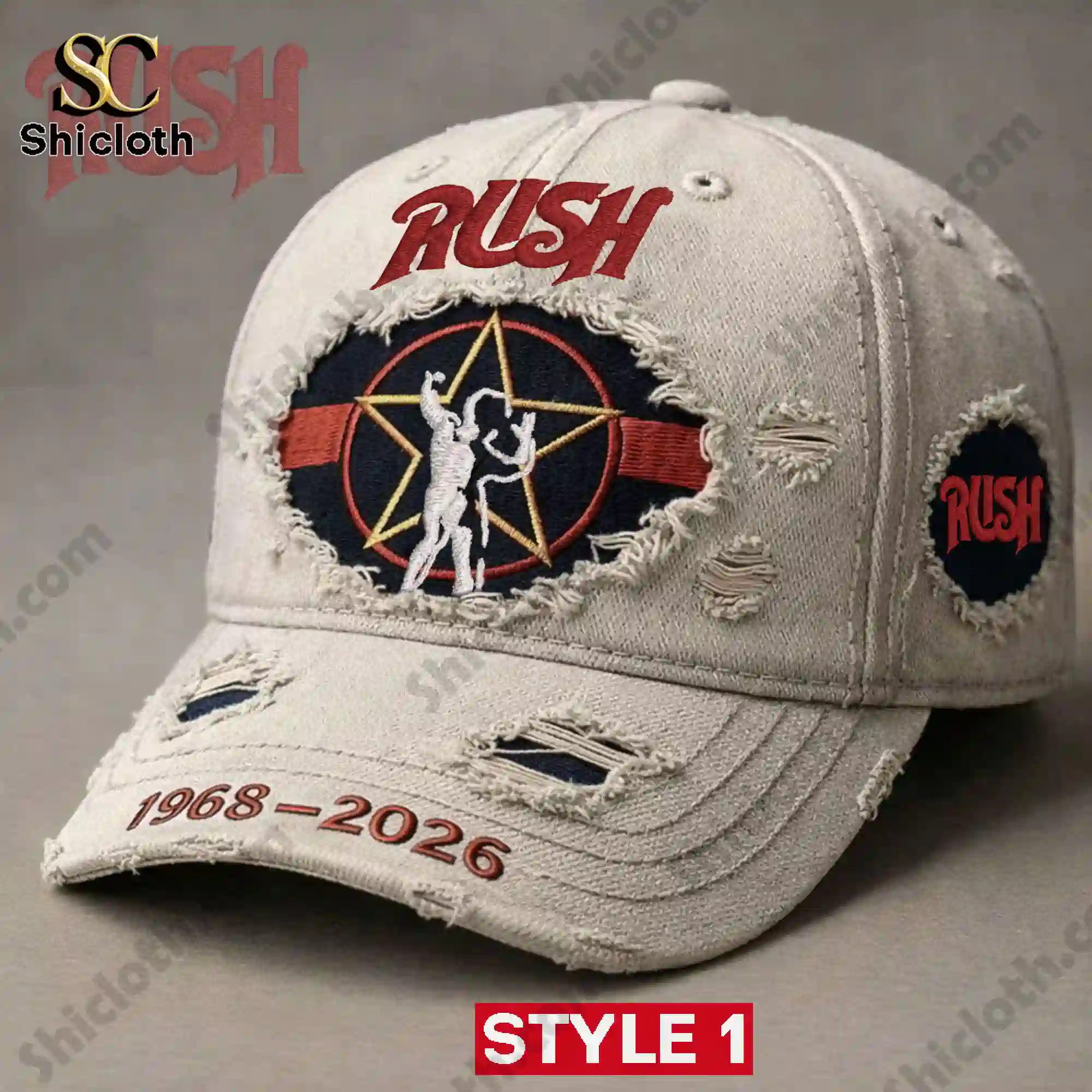 Light beige Rush distressed embroidered anniversary baseball cap style one!