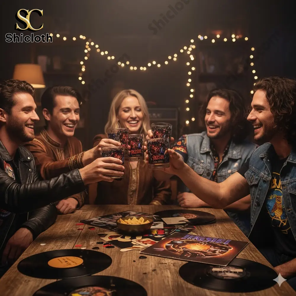 Friends raising collectible rock themed glasses at a cozy music table from Shicloth!