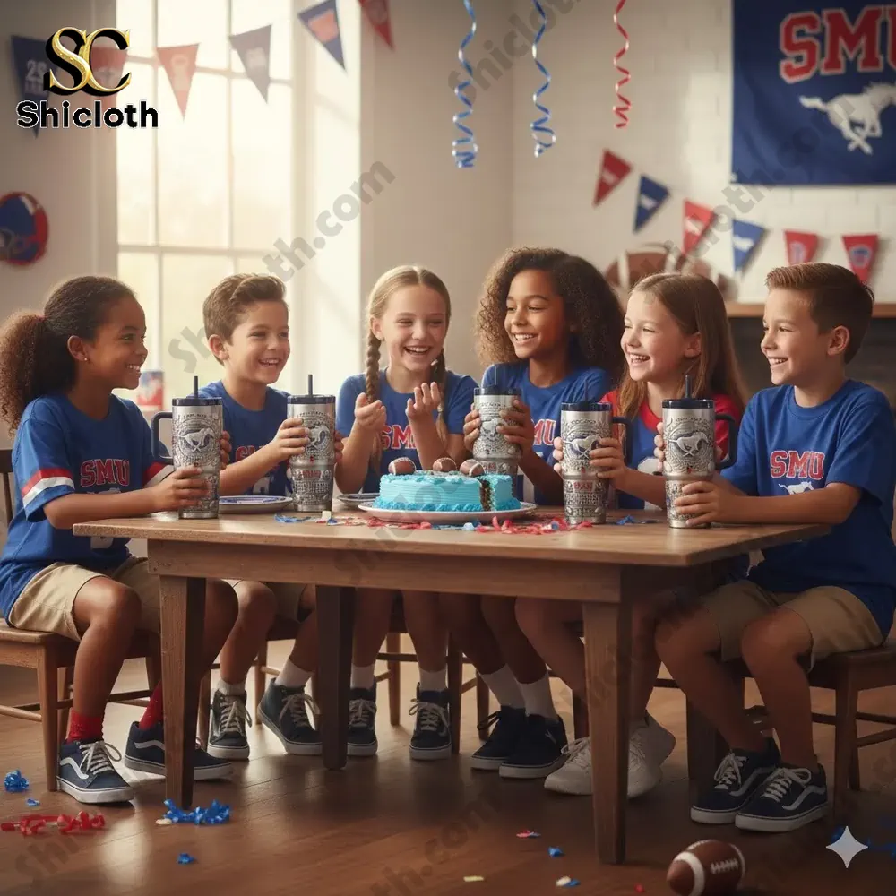 Children sitting at a table holding SMU Mustangs themed tumblers during a celebration!