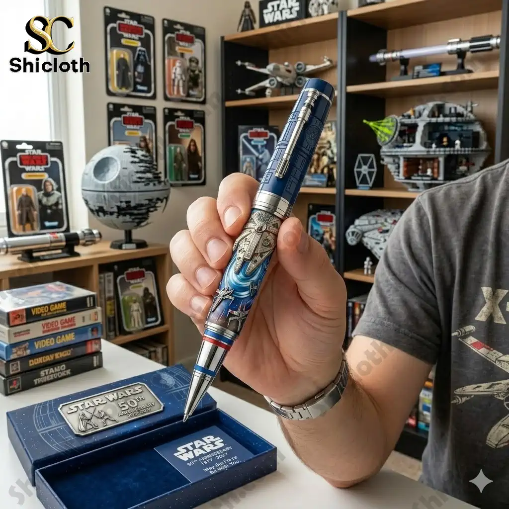 Star Wars 50th Anniversary commemorative pen held in hand with collectible display background