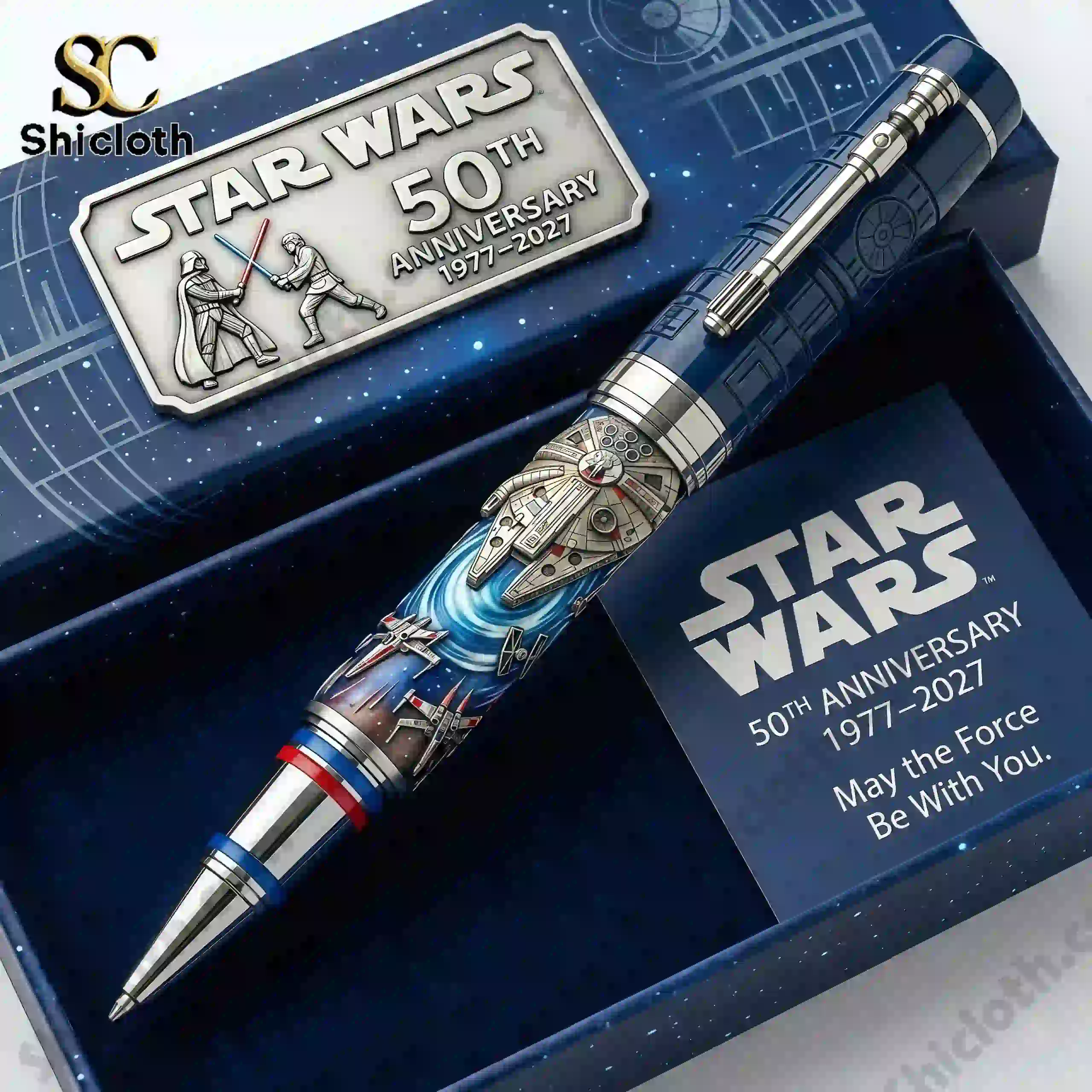 Star Wars 50th Anniversary pen with commemorative badge inside premium collector box