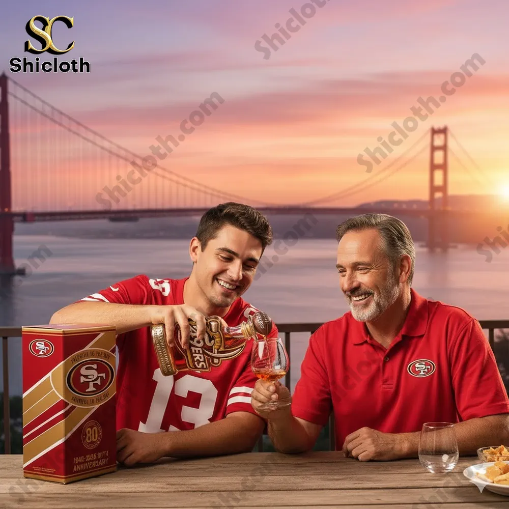 Two fans in red jerseys pour whiskey from a 49ers anniversary decanter with Golden Gate Bridge background!