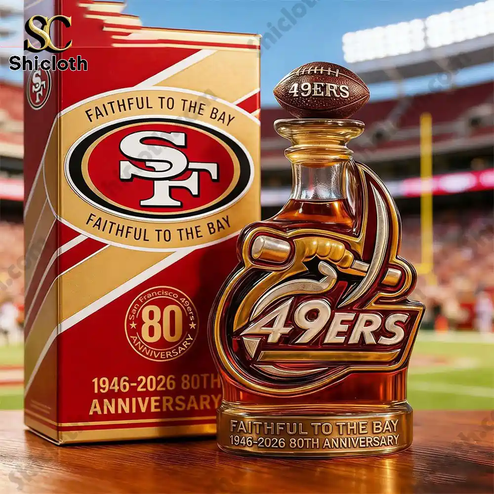 49ers anniversary whiskey decanter and box displayed inside a football stadium!