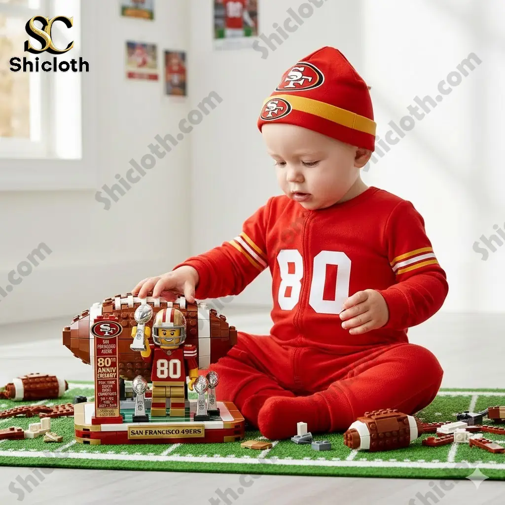 Alt text Baby in red San Francisco 49ers outfit playing with a brick football set.