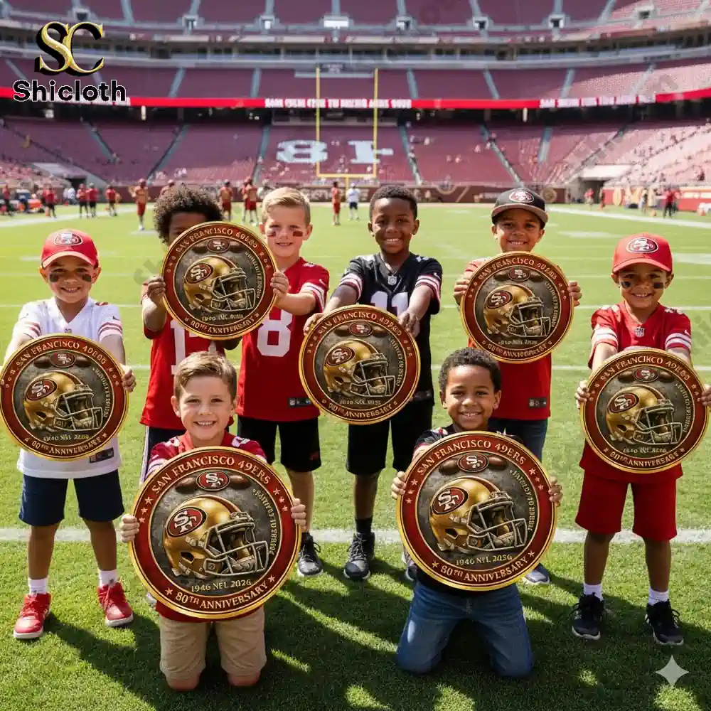 Children holding San Francisco 49ers anniversary coins on football field!