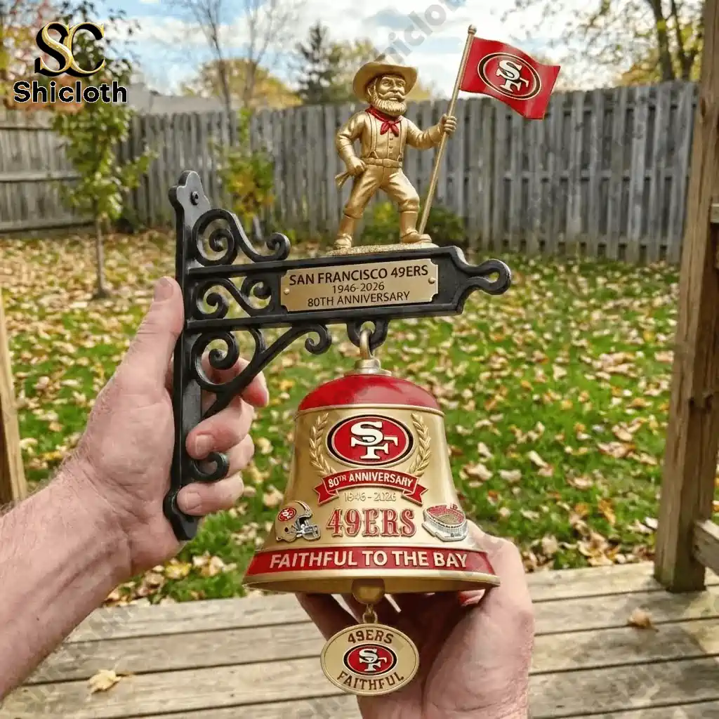 San Francisco Forty Niners anniversary wall bell held outdoors in a backyard setting!