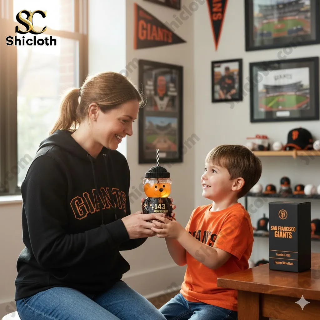 Mother and son holding San Francisco Giants anniversary bear cup in decorated room.