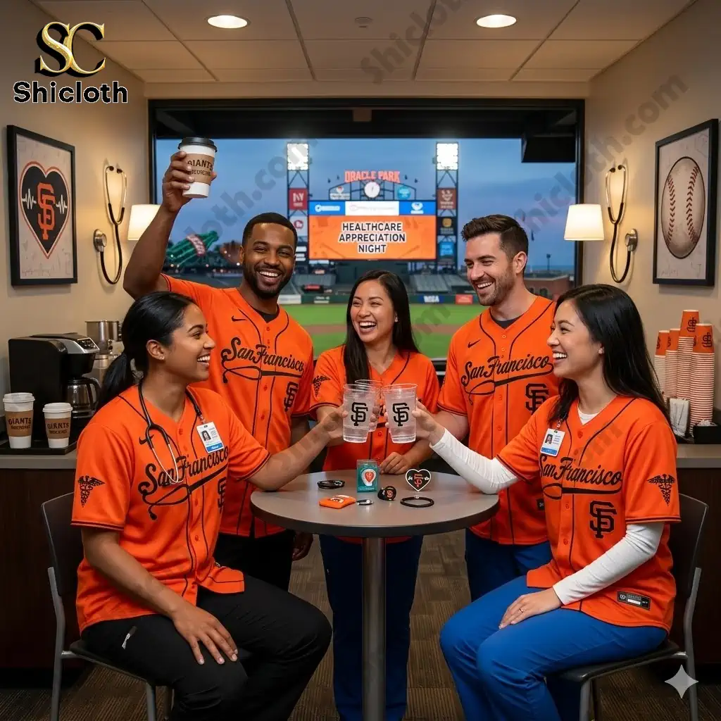 Healthcare workers wearing San Francisco Giants jerseys celebrating at a stadium event!