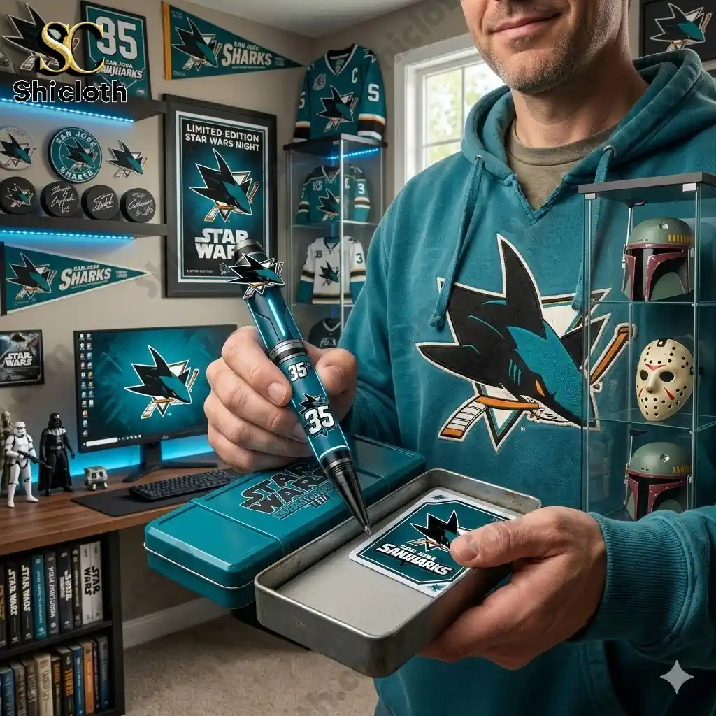 Man holding San Jose Sharks 35th Anniversary Star Wars commemorative pen in collector room display!