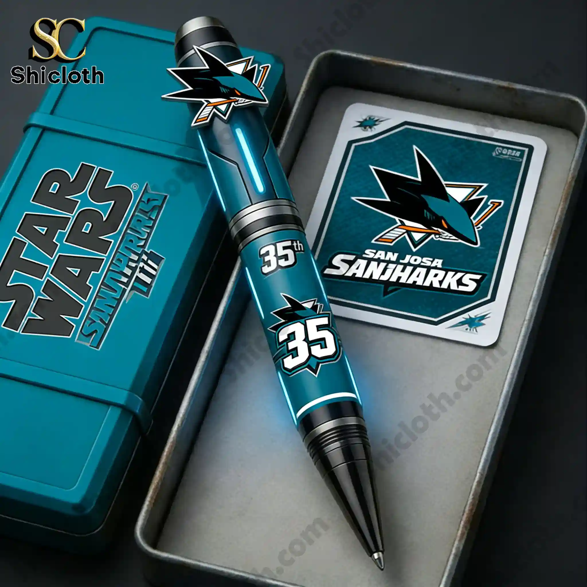 Close up of San Jose Sharks 35th Anniversary commemorative pen in metal case with team card!