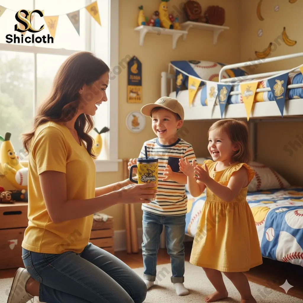 Mother giving Savannah Bananas tumbler to two happy children in baseball themed bedroom!