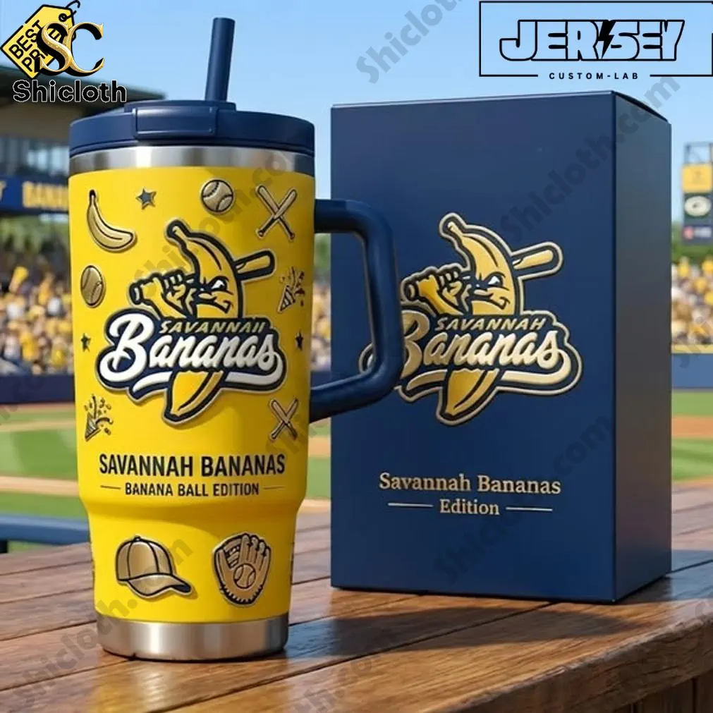 Close up of Savannah Bananas Banana Ball Edition tumbler with matching box at baseball field!