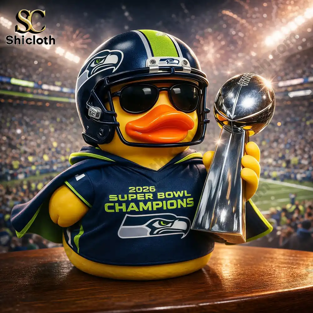 Rubber duck football champion holding trophy in a stadium!