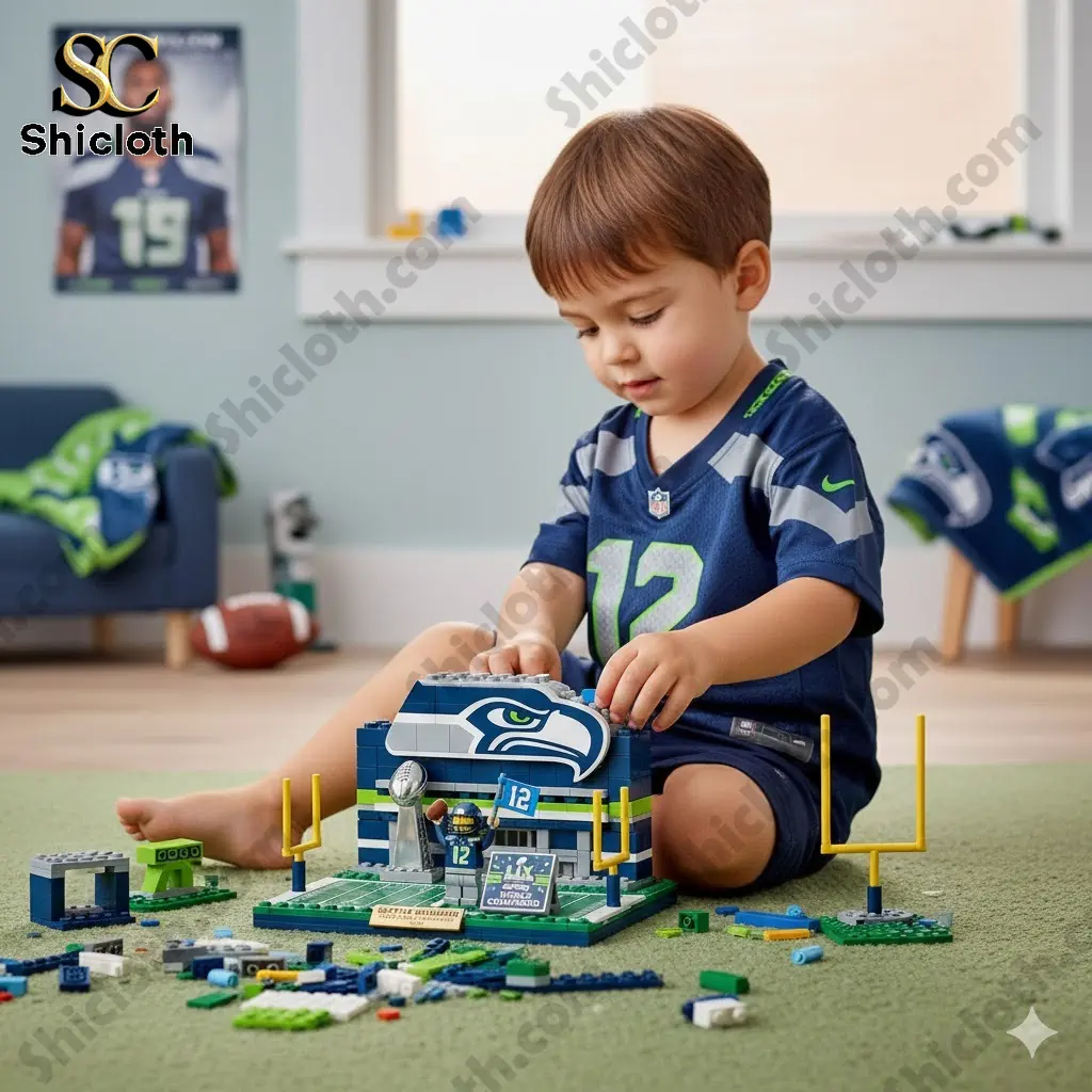 Toddler playing with Seattle Seahawks stadium building set on bedroom floor!