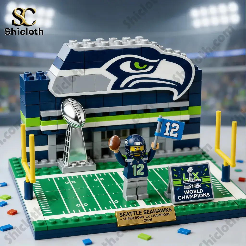 Close up of Seattle Seahawks stadium building set with champion player figure!
