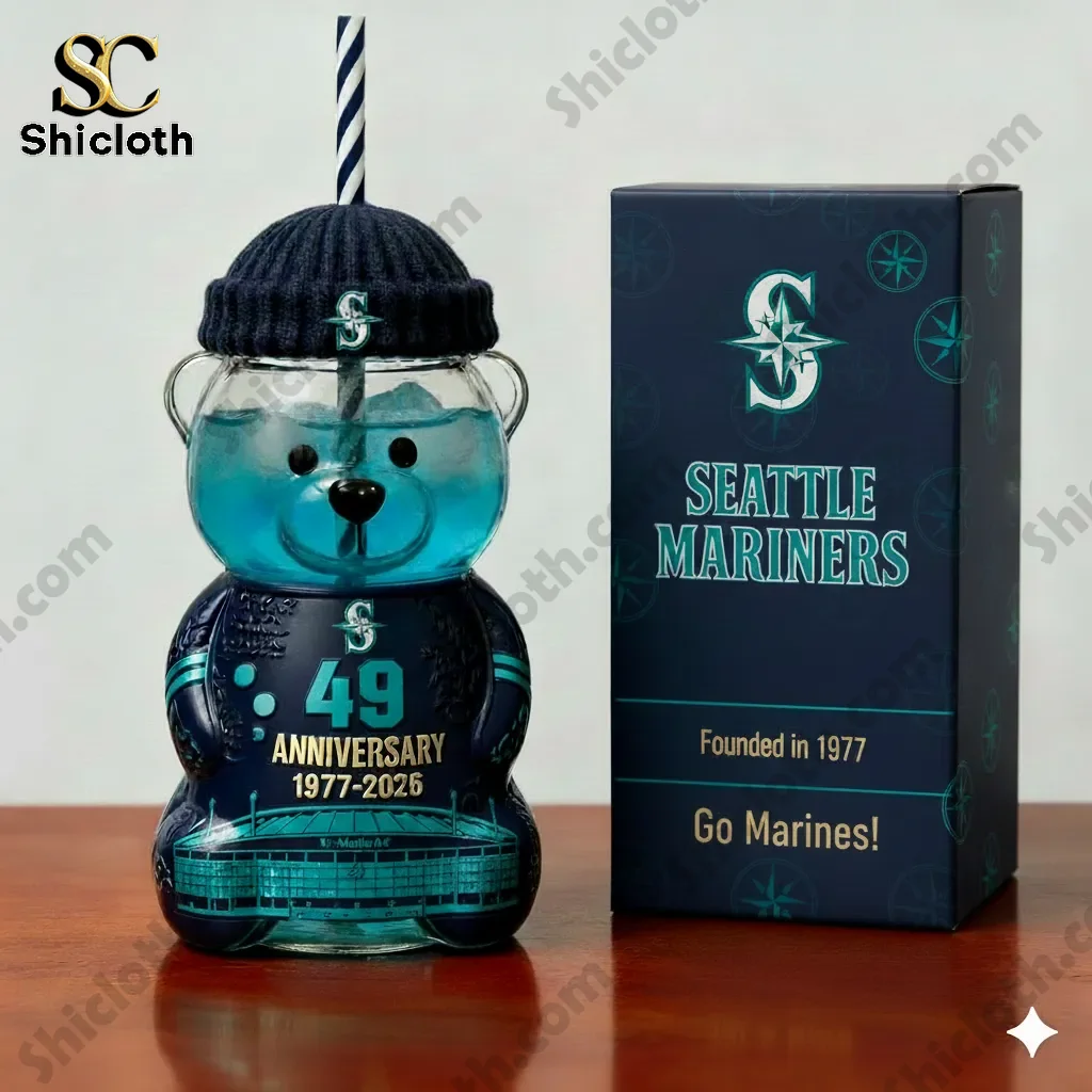 Seattle Mariners bear shaped anniversary cup with straw and gift box.